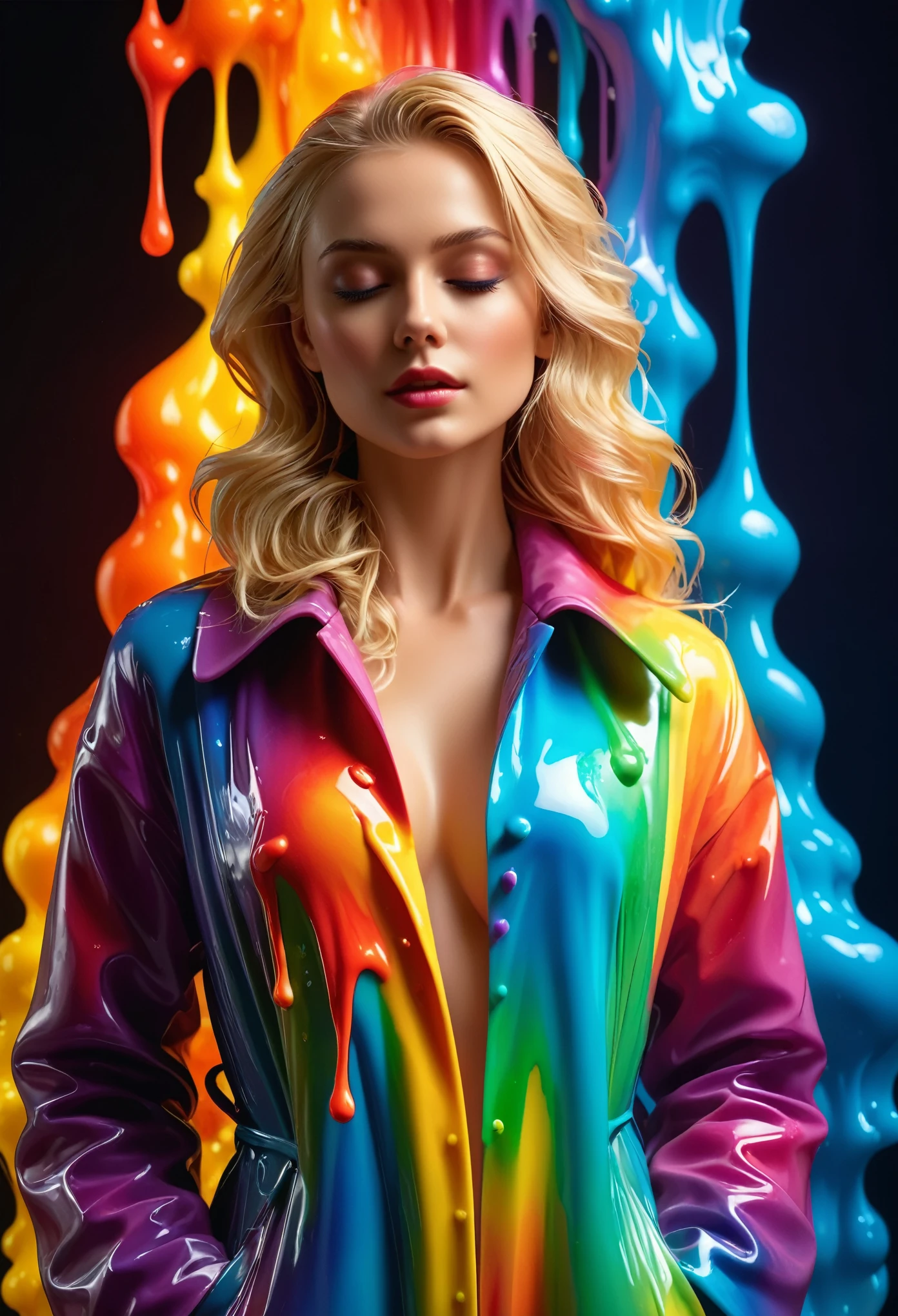 beautiful blonde, The wax coat melts and drips on the body (masterpiece: 1.2), (best quality), 4k, Extremely detailed, (dynamic composition: 1.4), Very detailed, Colorful Detailed, (Rainbow Colors: 1.2), (Bright Lights, Atmospheric lighting), Dreamy, magic, (Solitary: 1.2)  