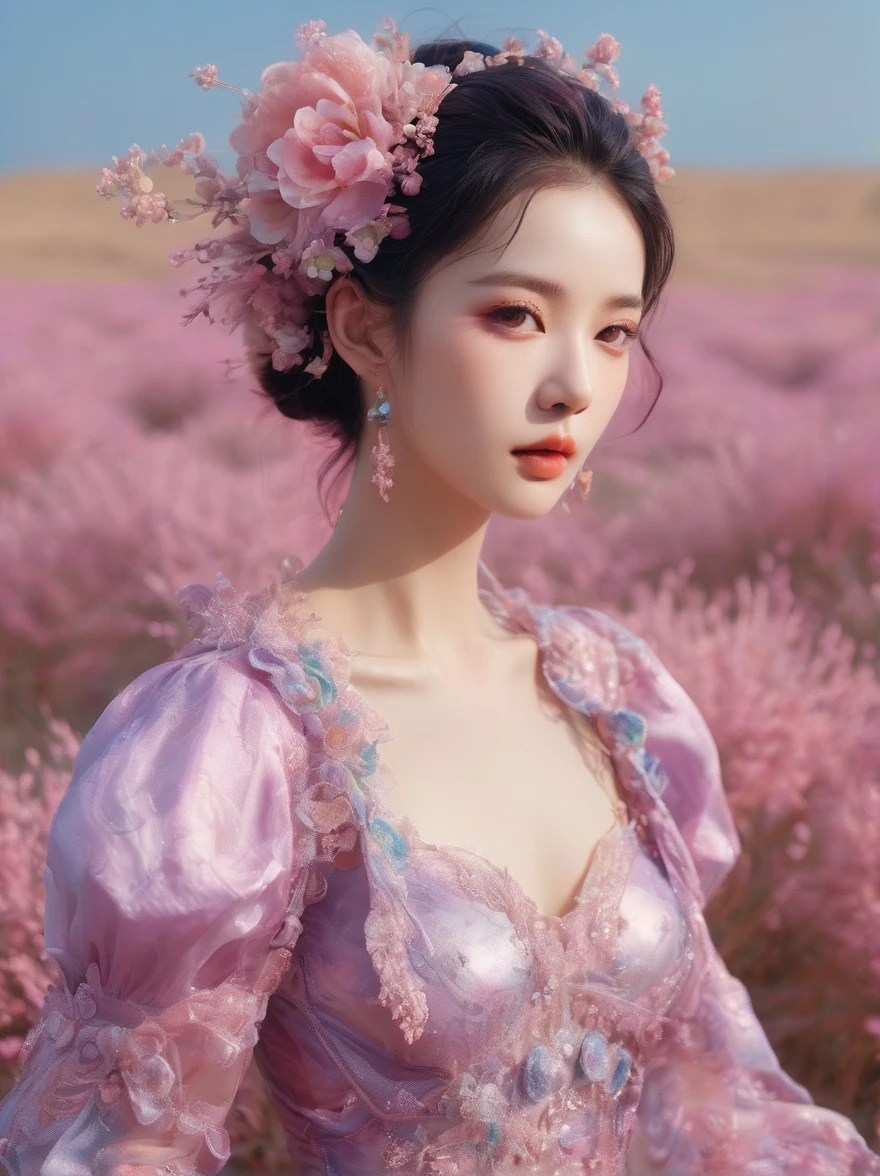 (超Reality:1.4)，(((Full body shot:1.5)))，original，emotion，dynamic，扭曲emotion效果，Energetic，Use unusual colors，Lovely photography，(Reality，Photo Realism:1.4)，Stylized image of a girl made of pink and purple silk，Fantastic，Delicate eyes，Delicate face，Delicate skin，Delicate hands，light smile, fang, Surrealism, drop shadow, anaglyph, stereogram, tachi-e, pov, atmospheric perspective, 8k, super detail, ccurate, best quality, anatomically correct, textured skin