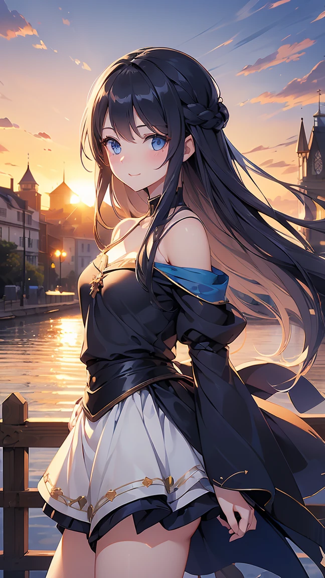 ((One Girl)), Dark blue eyes, (((Same eyes, Same eyesのスタイル))), Long Hair, A beautiful girl is walking down the street, Age 25, masterpiece, 最high quality, Blue Shirt, Emphasis on cleavage, Exposed shoulders, White mini skirt, Her skirt is lifted up and her buttocks are clearly visible through her panties.,Small breasts, Portraiture, (high quality :1.5), Black Hair, (((Happy)), blush, Tall body, Outdoor, (((middle ages, village))), smile, ((High resolution)), ((Sunset behind)), ((bridge)), Mature face