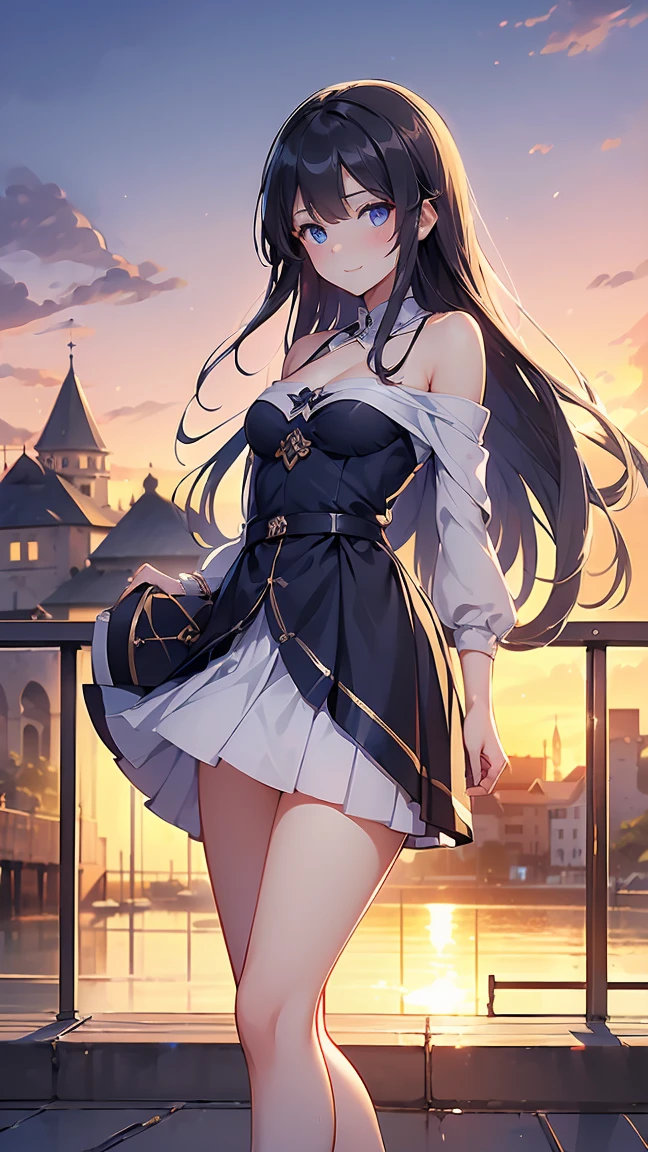 ((One Girl)), Dark blue eyes, (((Same eyes, Same eyesのスタイル))), Long Hair, A beautiful girl is walking down the street, Age 25, masterpiece, 最high quality, Blue Shirt, Emphasis on cleavage, Exposed shoulders, White mini skirt, Her skirt is lifted up and her buttocks are clearly visible through her panties.,Small breasts, Portraiture, (high quality :1.5), Black Hair, (((Happy)), blush, Tall body, Outdoor, (((middle ages, village))), smile, ((High resolution)), ((Sunset behind)), ((bridge)), Mature face