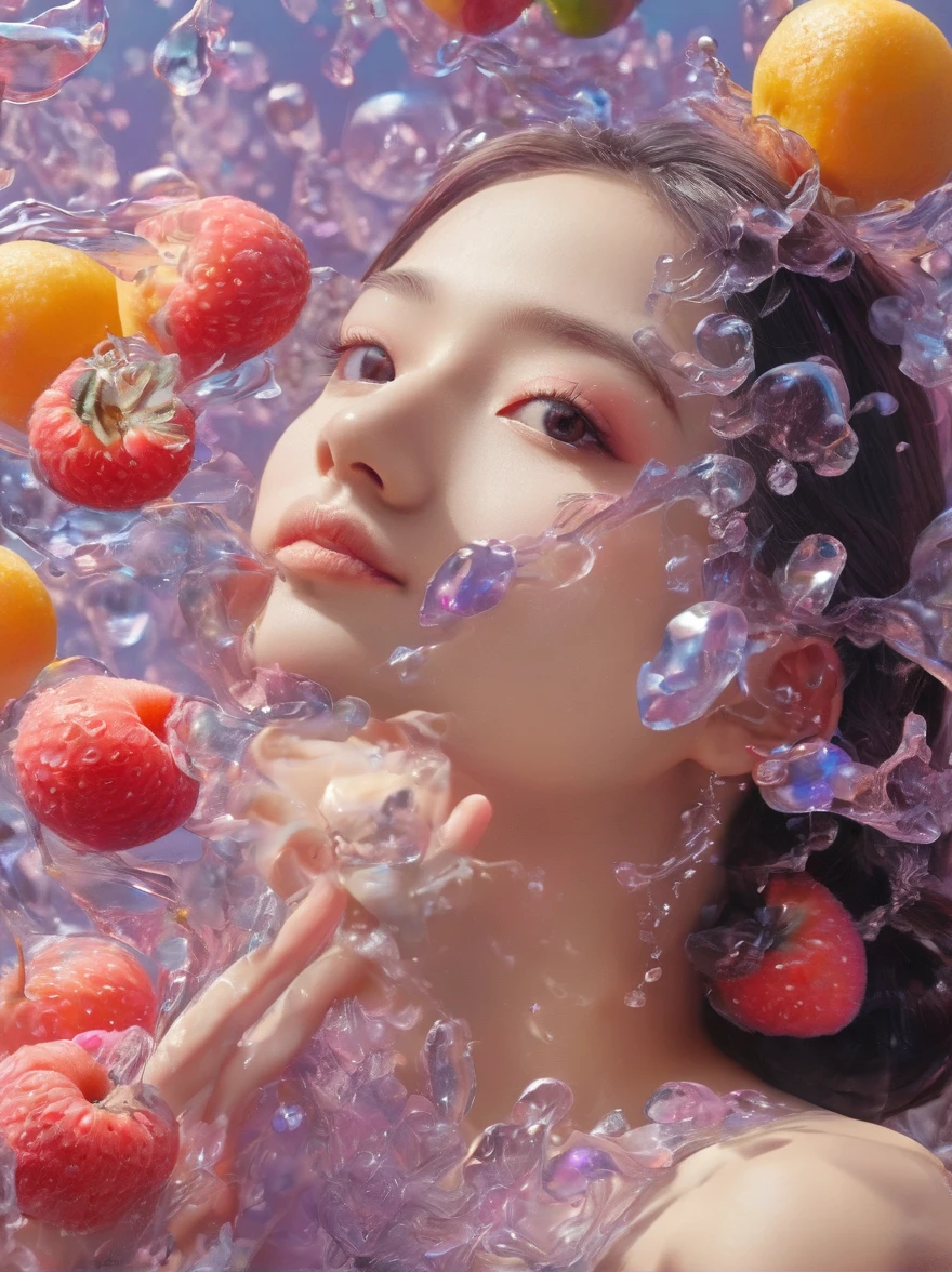 (超Reality:1.4)，(((Full body shot:1.5)))，original，emotion，dynamic，扭曲emotion效果，Energetic，Use unusual colors，Lovely photography，(Reality，Photo Realism:1.4)，Stylized image of a girl made of pink and purple fruits，Fantastic，Delicate eyes，Delicate face，Delicate skin，Delicate hands，light smile, fang, Surrealism, drop shadow, anaglyph, stereogram, tachi-e, pov, atmospheric perspective, 8k, super detail, ccurate, best quality, anatomically correct, textured skin