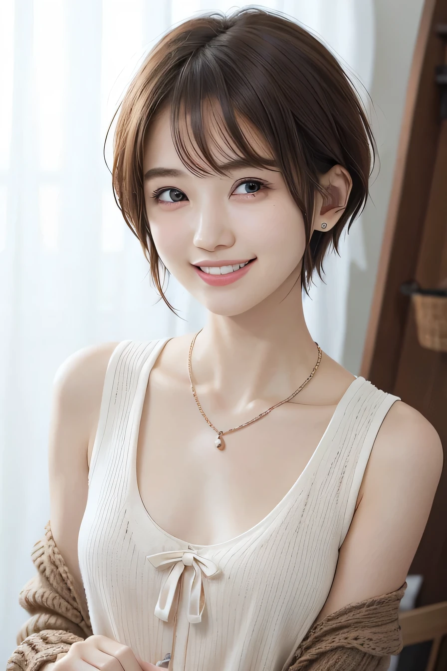 205 ((short hair)), 20-year-old female, In underwear、Put a cardigan over your shoulders、 A refreshing smile、Beautiful teeth alignment、Dark eyeliner、Dark brown hair、ear piercing、Necklace around the neck、Looking at the camera