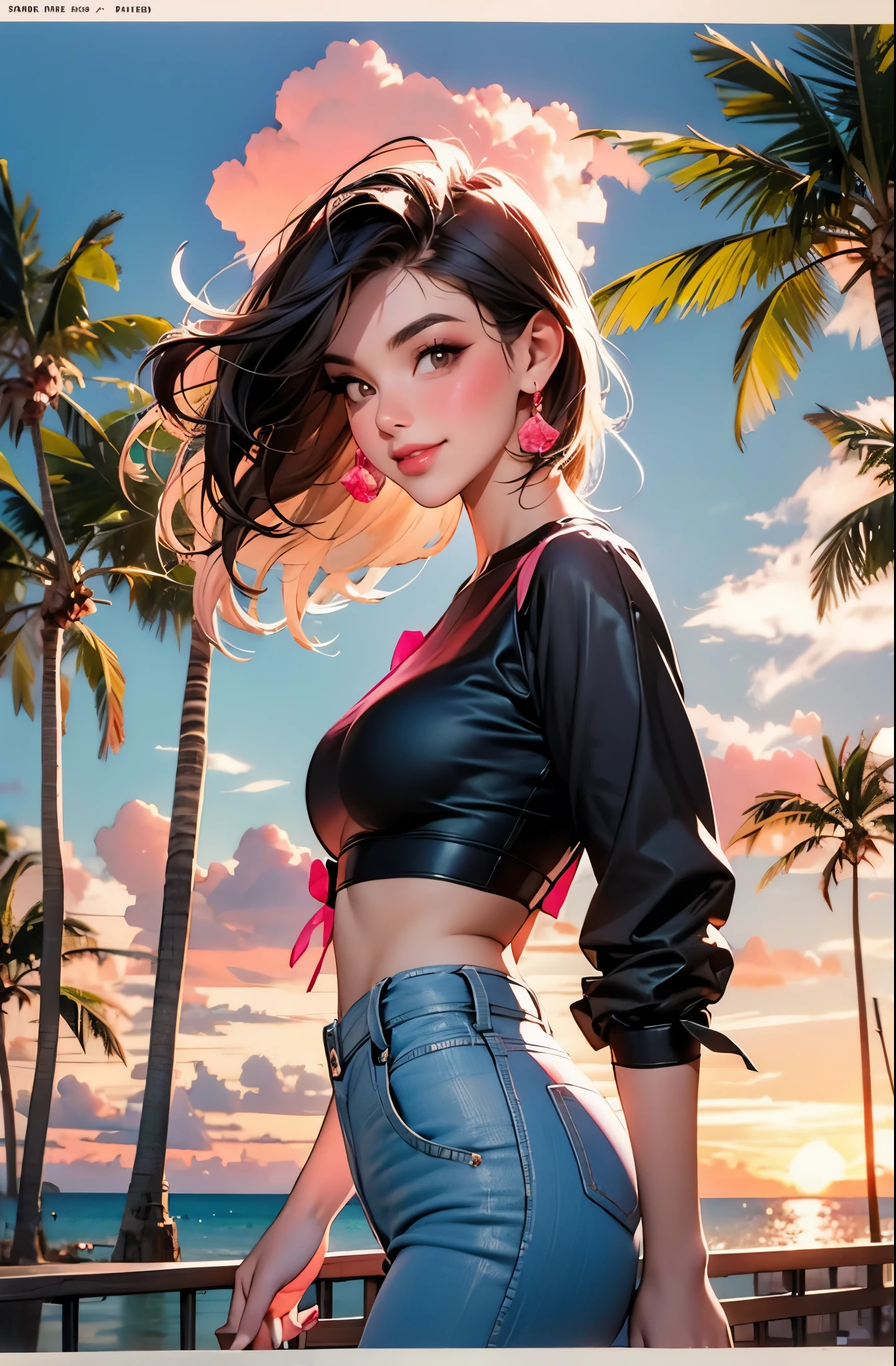 retro girl, Miami, sunset, ((pink crop top)), palm tree, 1990's, smirk smile