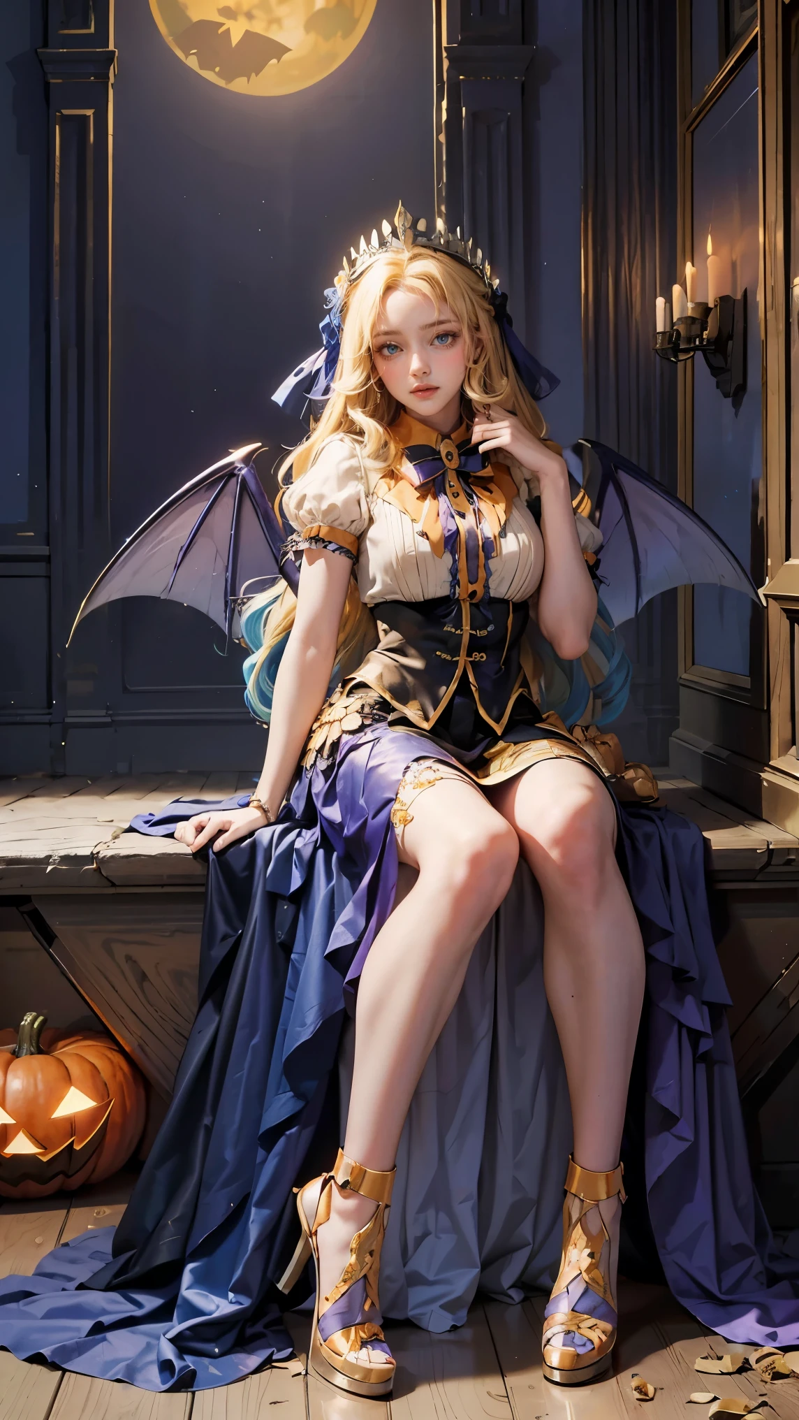 Best quality, masterpiece, ultra high res, raw photo, beautiful and aesthetic, deep shadow, fairy theme,(ultra detailed:1.3),
1girl, sitting pose, headdress, drill hair, long hair, blonde hair, gradient hair, yellow eyes, solo, huge breasts, big hair, blue hair, divine goddess, looking at viewer, indoors, Halloween bedroom, room full of curtain, astraea, full body, outfit-MUvampire, devil wing