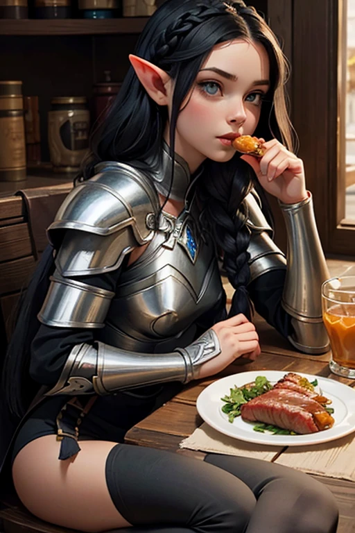 1 elf female,long silky black hair in braids,orelhas pontudas,olhos azuis, thin lips,rosto redondo,seios enormes, quadris largos,wearing light elven battle armor .estilo coquete e melindrosa ,sentada em uma mesa da cozinha distraida comendo carne de javali e bebendo leite num caneco