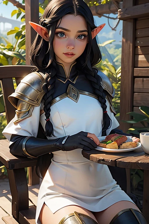 1 elf female,long silky black hair in braids,pointy ears,blue colored eyes, thin lips,Round face,Breasts huge, Broad Hips,wearing light elven battle armor .coquettish and flapper style ,sitting at a kitchen table distractedly eating wild boar meat and drinking milk from a mug