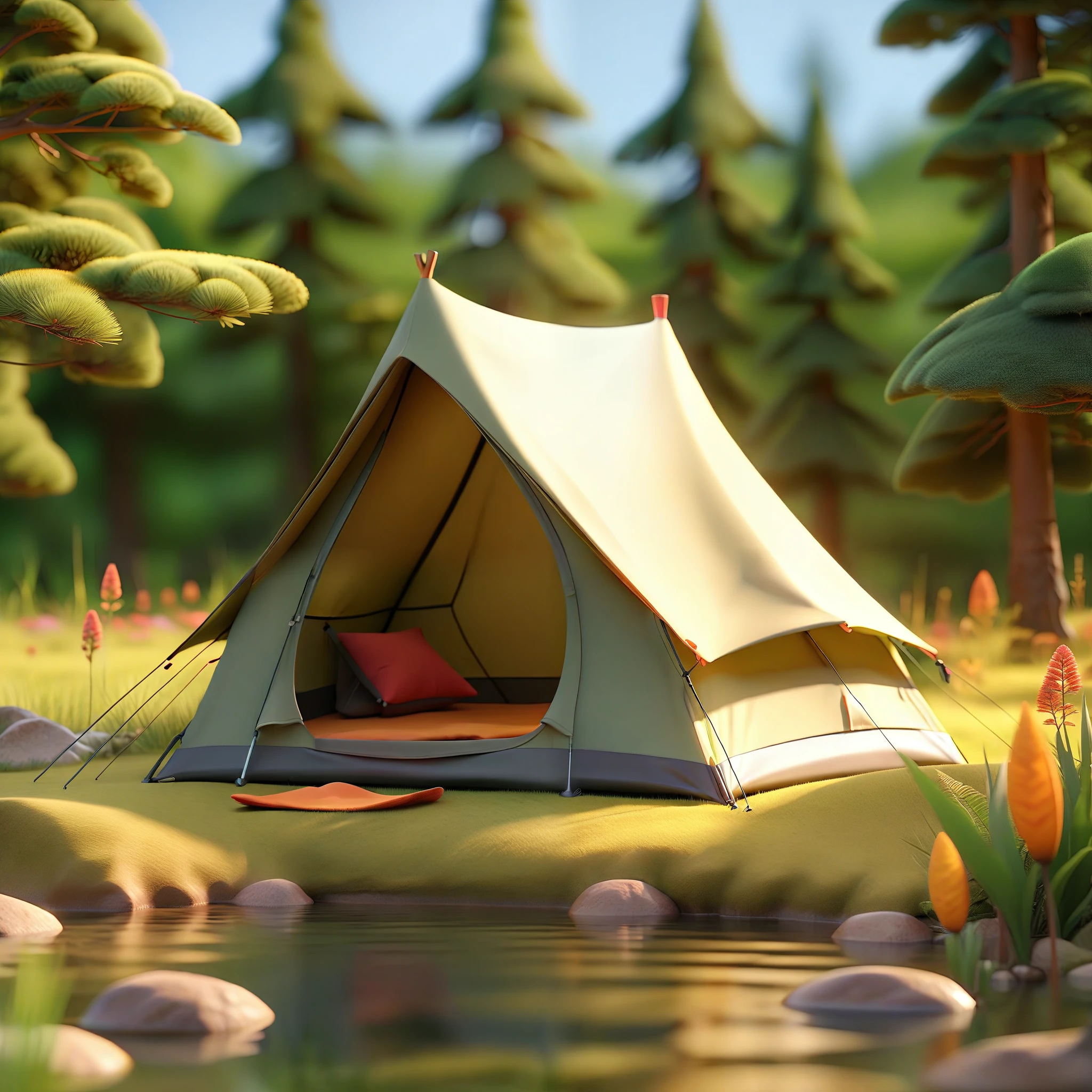 3D scene,3D,C4D,8k,(masterpiece, top quality, best quality, official art,((no text:1.5)),natural, unmanned, outdoor, forest, camping, scenery, flowers, tent, sky, grass, water, plants, leaves, trees, green theme, sunshine, camping tent, warm color sunshine,,