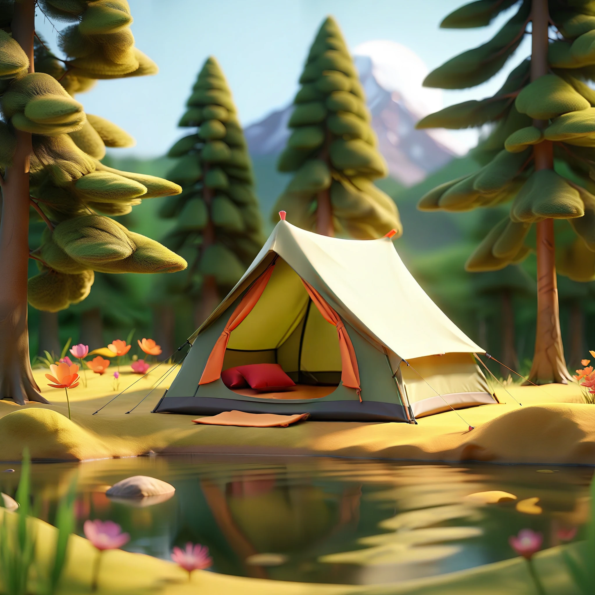 3D scene,3D,C4D,8k,(masterpiece, top quality, best quality, official art,((no text:1.5)),natural, unmanned, outdoor, forest, camping, scenery, flowers, tent, sky, grass, water, plants, leaves, trees, green theme, sunshine, camping tent, warm color sunshine,,