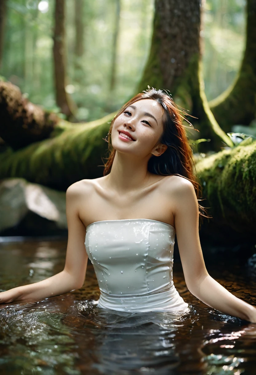 Wide_opened lips, cute smile, cinematic photo (art by Mathias Goeritz:1.1) , photograph, from bottom, (Quite a bit body), the young beautiful face of Japanese woman, age 28yo, detailed face, 34 inch breasts size, wet long straight hair, wet white Strapless crop top dress, Relaxing expression, the stream side in the deep forest, tilt shift, specular lighting, film grain, Hasselblad X2D 100C + XCD 2,5/25V, F/5, (cinematic still:1.2), freckles, 35mm photograph, film, bokeh, professional, 4k, highly detailed, perfect fingers ,Extremely Realistic, UHD 