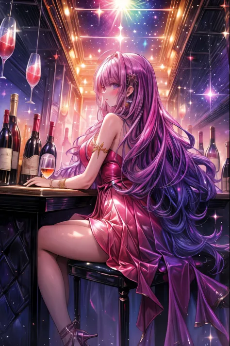 masterpiece, best quality, 1girl, Colorful sparkle surrounds the body, bar, wine, long view, fantasy, sky, nightclub, wide shot,...