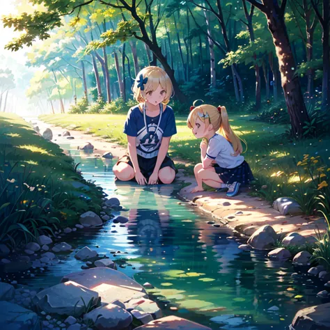 Grass near the riverbed (wonderful atmosphere, wonderful), Three Girls (2 years old), casual clothes with very cute designs (cut...