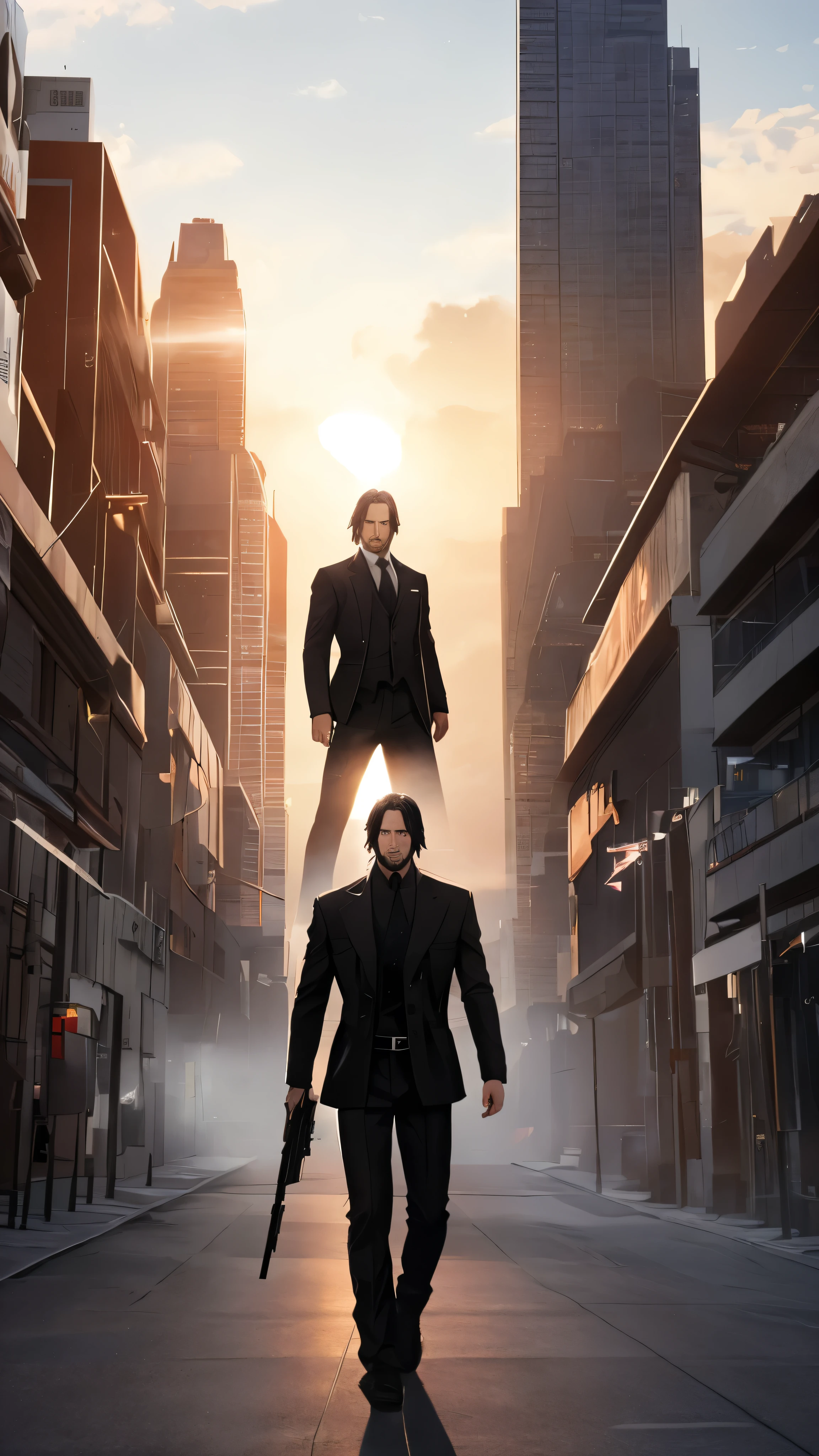 Keanu Reeves as the protagonist、High-definition film set in a futuristic dystopian landscape。The protagonist, dressed in a sleek black suit,、Meticulously armed with state-of-the-art weapons and tactical equipment、His eyes flicker with determination and resolve.。There is a sense of tension、In an atmosphere filled with expectation、The protagonist stands on the brink of battle.、Facing Adversity、Ready to save humanity。The setting sun casts an eerie, otherworldly glow、Illuminating the details of this masterpiece of cinematic art、Shadows dance on the wall。Watch in 4K resolution