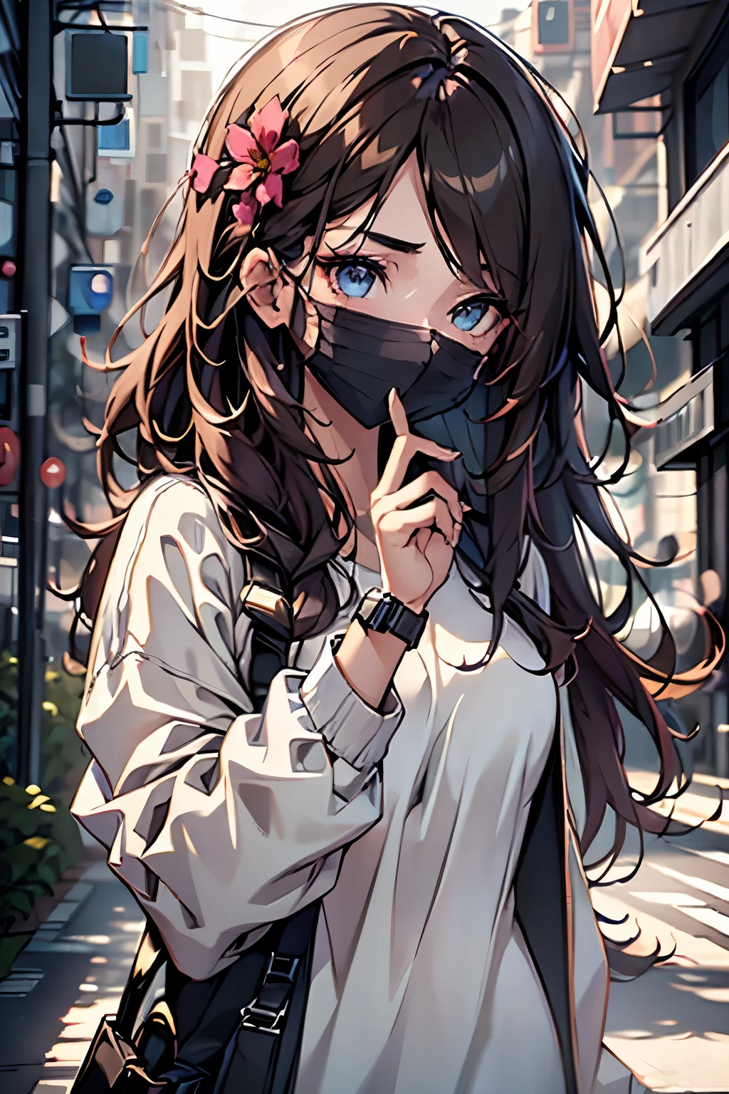 a beautiful girl with long brown hair, blue eyes, no bangs, wearing a white t-shirt with flowers and black sweatpants, with a watch on her right hand, blue mask over the face, (best quality,4k,8k,highres,masterpiece:1.2),ultra-detailed,(realistic,photorealistic,photo-realistic:1.37),detailed face, detailed eyes, detailed eyebrows, detailed nose, intricate details, cinematic lighting, vibrant colors, soft shadows, warm tones, natural lighting, photographic, digital painting, high definition, sharp focus