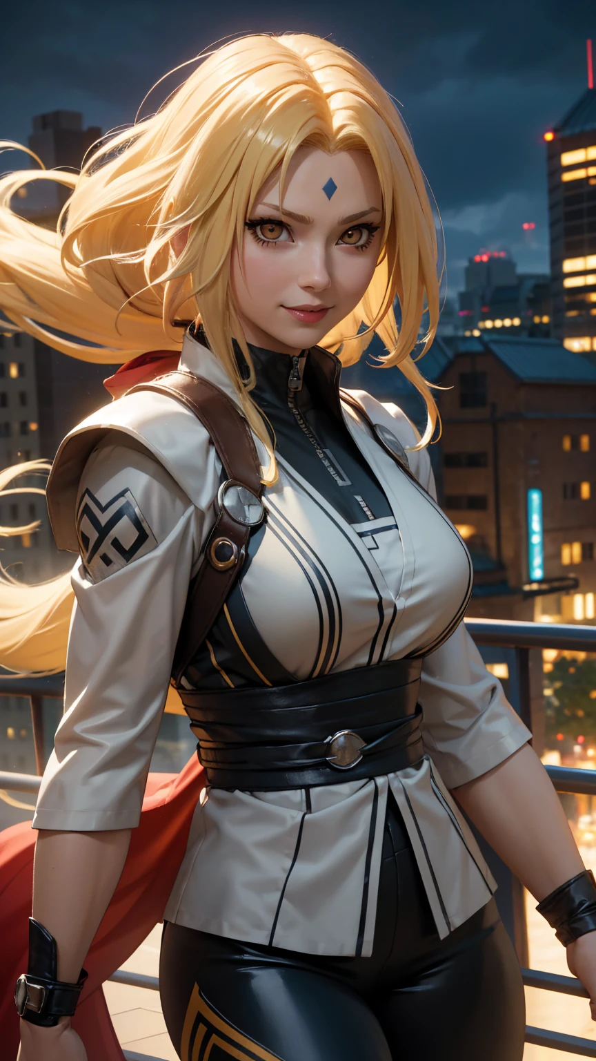 un primer plano de una persona con pelo largo y un disfraz de superhéroe Thor , tsunade, tsunade from anime naruto shippuden, as an personaje animado, cara de anime perfecta, she has Cabello amarillo with bangs, female personaje animado, personaje animado, mejor chica anime, peinado de corte hime, Cabello amarillo, vistiendo un disfraz de superhéroe thor, (labios rojos brillantes:1.3), Ojos amarillos, sonrisa, Realista, usar disfraz de superhéroe thor, ultra detalle, Fondo de la ciudad, (Hermoso rostro:1.3)