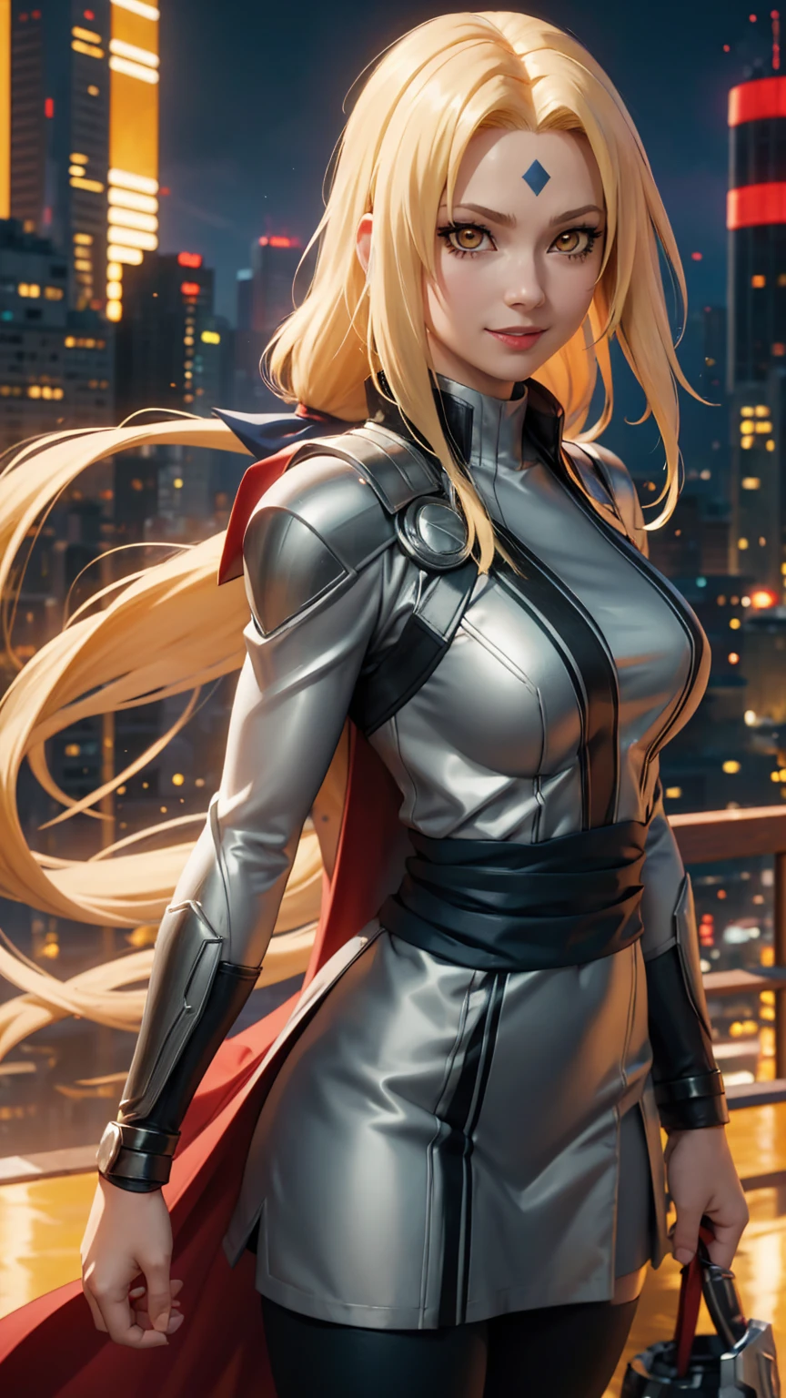 un primer plano de una persona con pelo largo y un disfraz de superhéroe Thor , tsunade, tsunade from anime naruto shippuden, as an personaje animado, cara de anime perfecta, she has Cabello amarillo with bangs, female personaje animado, personaje animado, mejor chica anime, peinado de corte hime, Cabello amarillo, vistiendo un disfraz de superhéroe thor, (labios rojos brillantes:1.3), Ojos amarillos, sonrisa, Realista, usar disfraz de superhéroe thor, ultra detalle, Fondo de la ciudad, (Hermoso rostro:1.3)