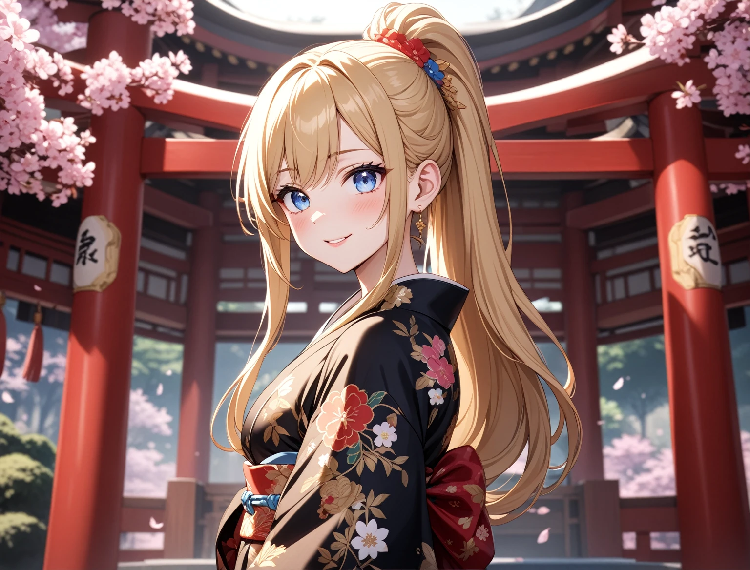 ((One woman)), Beautiful Face,Smiling embarrassedly,Blushing,Glossy Lips,Abstract, Inside the shrine, ((Anime style background)),masterpiece, highest quality, so beautiful, Absurd, up to date, Complex details, Pink long nails,AI-generated, Complex,High resolution, highest quality, super high quality,3D Images、View the viewers、3D Images,one person,Long Blonde Hair,(Hair with dark hairline),High Ponytail,blue eyes,Anime woman posing for a photo, [[Fine grain、Colorful eyes、Shining Eyes:1.15]],(Squint your eyes:1.1),a hyperRealistic , hyperRealistic , Realistic , Blonde anime woman with long hair, Smooth anime CG art, A woman in a colorful kimono with gold embroidery, Floral Yukata,Black kimono,Flower Hair Ornaments,Earrings,(Large Breasts:1.4),Mature Body,Exposed nipples,(A vagina overflowing with a large amount of semen),Sweat all over,tall,Big Ass,Fine details,Six-pack,Tilt your face,(Leg spread),Lying down,Bring your hands close to your chest