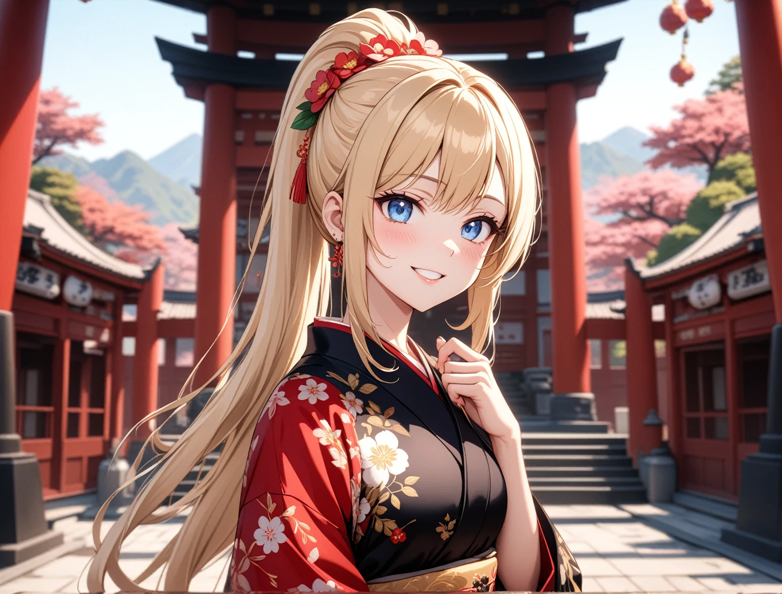 ((One woman)), Beautiful Face,Smiling embarrassedly,Blushing,Glossy Lips,Abstract, Inside the shrine, ((Anime style background)),masterpiece, highest quality, so beautiful, Absurd, up to date, Complex details, Pink long nails,AI-generated, Complex,High resolution, highest quality, super high quality,3D Images、View the viewers、3D Images,one person,Long Blonde Hair,(Hair with dark hairline),High Ponytail,blue eyes,Anime woman posing for a photo, [[Fine grain、Colorful eyes、Shining Eyes:1.15]],(Squint your eyes:1.1),a hyperRealistic , hyperRealistic , Realistic , Blonde anime woman with long hair, Smooth anime CG art, A woman in a colorful kimono with gold embroidery, Floral Yukata,Black kimono,Flower Hair Ornaments,Earrings,(Large Breasts:1.4),Mature Body,Exposed nipples,(A vagina overflowing with a large amount of semen),Sweat all over,tall,Big Ass,Fine details,Six-pack,Tilt your face,(Leg spread),Lying down,Bring your hands close to your chest