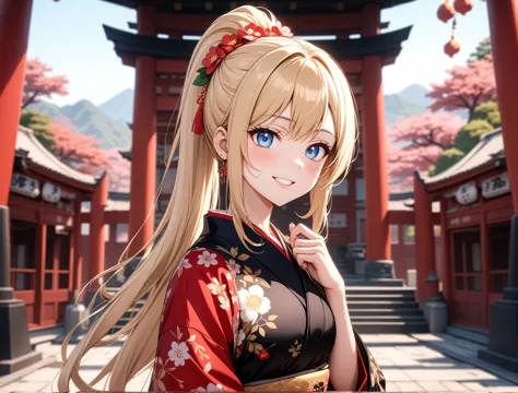 ((one woman)), beautiful face,smiling embarrassedly,blushing,glossy lips,abstract, inside the shrine, ((anime style background))...