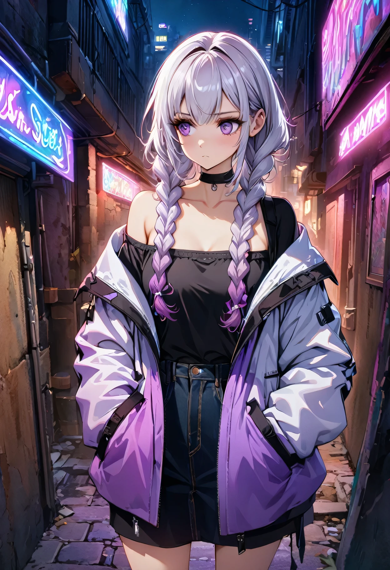 (((8k wallpaper，Extremely detailed CG :1.2, masterpiece, High resolution:1.2, Top quality:1.2))),A couple of lovers boy and girl staring at each other,  (( yinji, purple hair, purple eyes, long hair, white hair, double braids, gradient hair , Hands in pockets:1.8, Street Fashion:1.2, Wearing a colorful coat:1.2)), ( Off-shoulder), ((Empty alleys, night, Neon Street)), (High Angle)