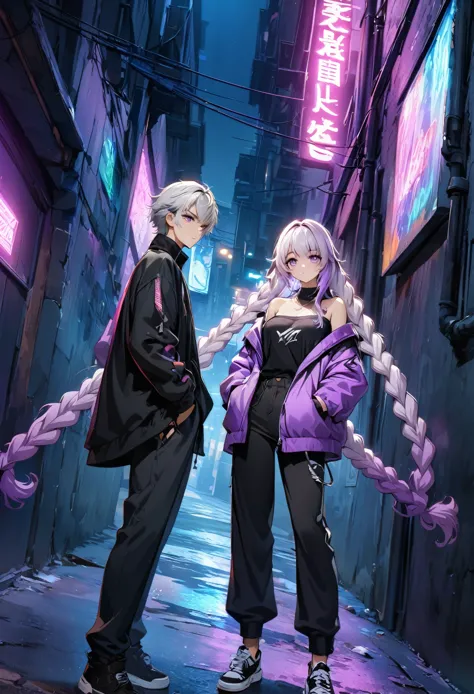 (((8k wallpaper，Extremely detailed CG :1.2, masterpiece, High resolution:1.2, Top quality:1.2))),A short haired boy and girl staring at each other,  (( yinji, purple hair, purple eyes, long hair, white hair, double braids, gradient hair , Hands in pockets:1.8, Street Fashion:1.2, Wearing a colorful coat:1.2)), ( Off-shoulder), ((Empty alleys, night, Neon Street)), (High Angle)