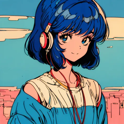 master piece, city pop style, blue hair, japanese, fluffy bob cut, wearing headphones, shoulder length, single person, alone, fu...