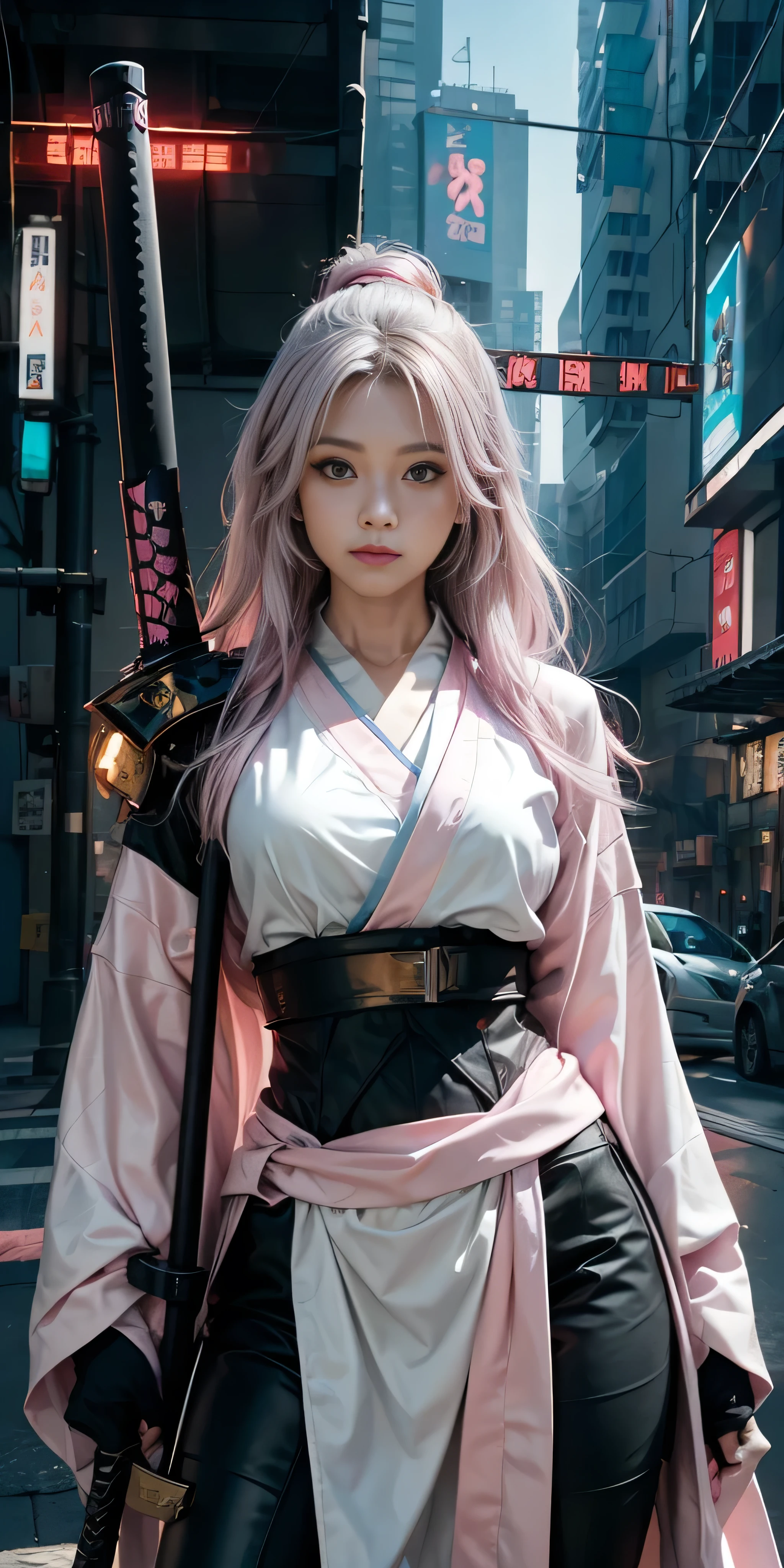 Arafed Frau in einem rosa Kimono mit einem Schwert in einer Stadt, sehr schöne Cyberpunk-Samurai, anime girl Cosplay-Kostüm, anime Cosplay-Kostüm, Anime-Stil mixed with fujifilm, haruno sakura, Anime inspiriert, Anime-Mädchen im wirklichen Leben, Anime-Stil. 8k, Cosplay-Kostüm, Anime-Stil 4 k, female cyberpunk anime girl, cyberpunk anime girl, japanische Techwear tragen