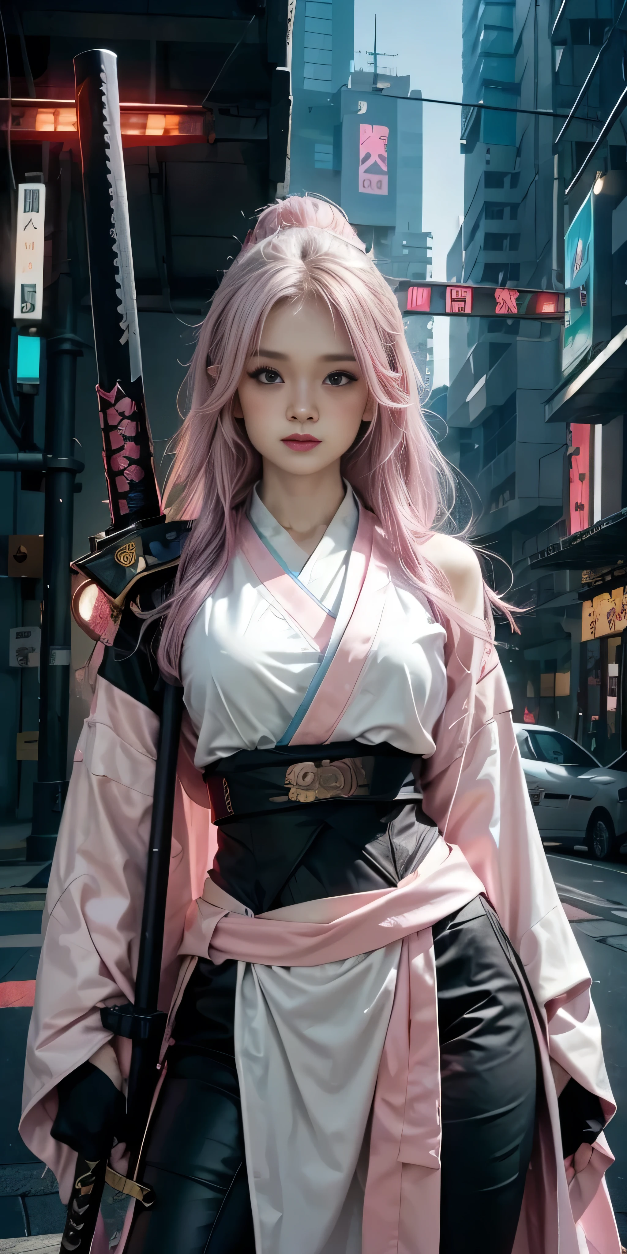 Arafed Frau in einem rosa Kimono mit einem Schwert in einer Stadt, sehr schöne Cyberpunk-Samurai, anime girl Cosplay-Kostüm, anime Cosplay-Kostüm, Anime-Stil mixed with fujifilm, haruno sakura, Anime inspiriert, Anime-Mädchen im wirklichen Leben, Anime-Stil. 8k, Cosplay-Kostüm, Anime-Stil 4 k, female cyberpunk anime girl, cyberpunk anime girl, japanische Techwear tragen