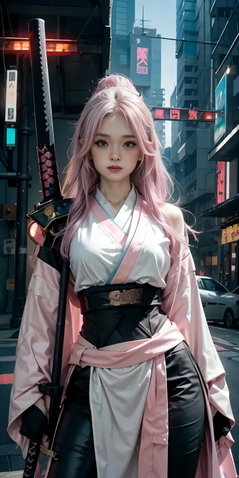 arafed woman in a pink kimono with a sword in a city, very beautiful cyberpunk samurai, anime girl cosplay, anime cosplay, anime...