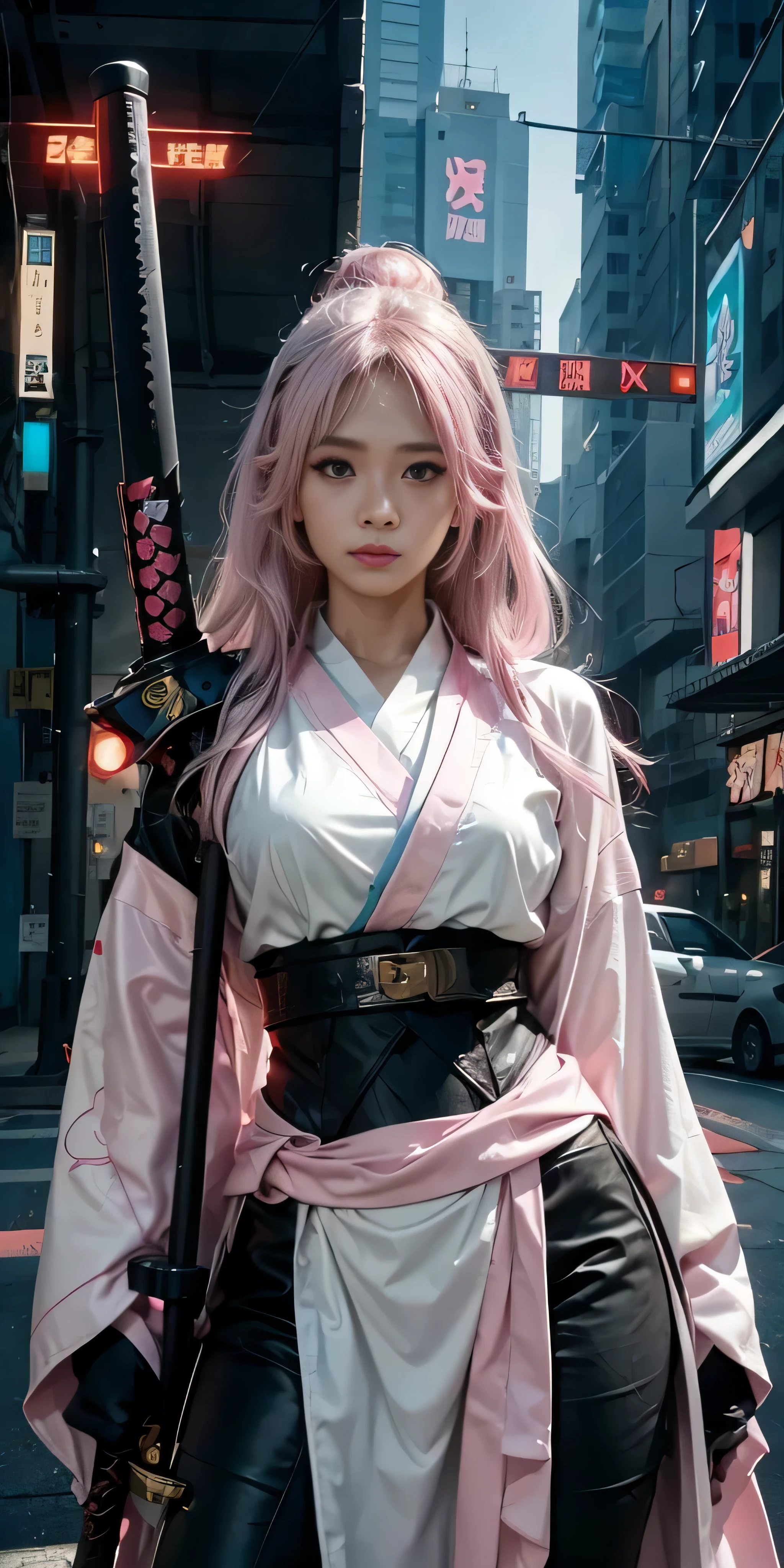 mulher arafiada em um quimono rosa com uma espada em uma cidade, muito lindo samurai cyberpunk, Cosplay de garota de anime, cosplay de anime, estilo anime mixed with fujifilm, Haruno Sakura, inspirado em anime, garota de anime na vida real, estilo anime. 8K, cosplay, estilo anime 4 k, female garota de anime cyberpunk, garota de anime cyberpunk, vestindo techwear japonês