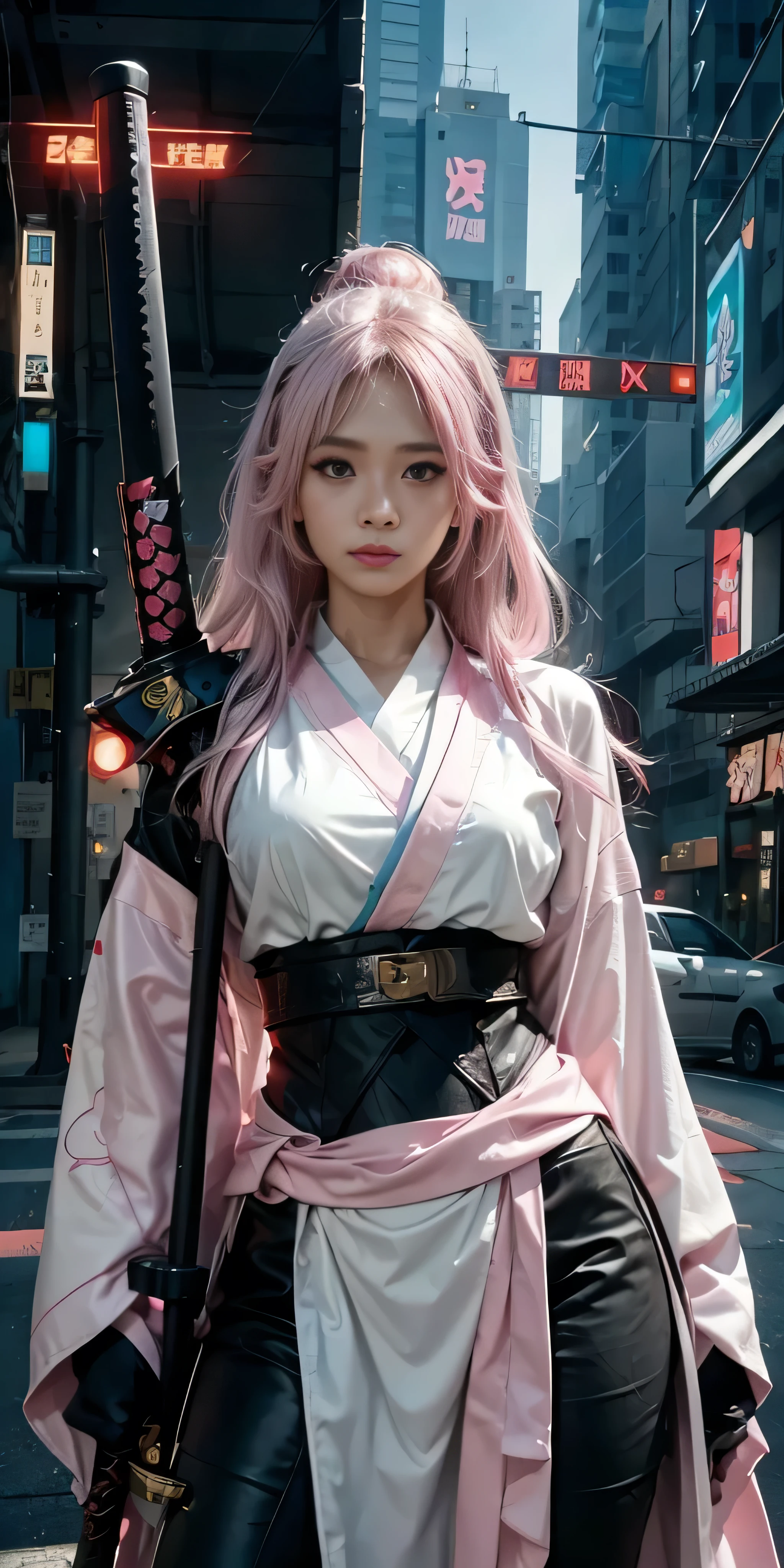 arafed woman in a pink kimono with a sword in a city, very beautiful cyberpunk samurai, anime girl cosplay, anime cosplay, anime style mixed with fujifilm, haruno sakura, anime inspired, anime girl in real life, anime style. 8k, cosplay, anime style 4 k, female cyberpunk anime girl, cyberpunk anime girl, wearing japanese techwear