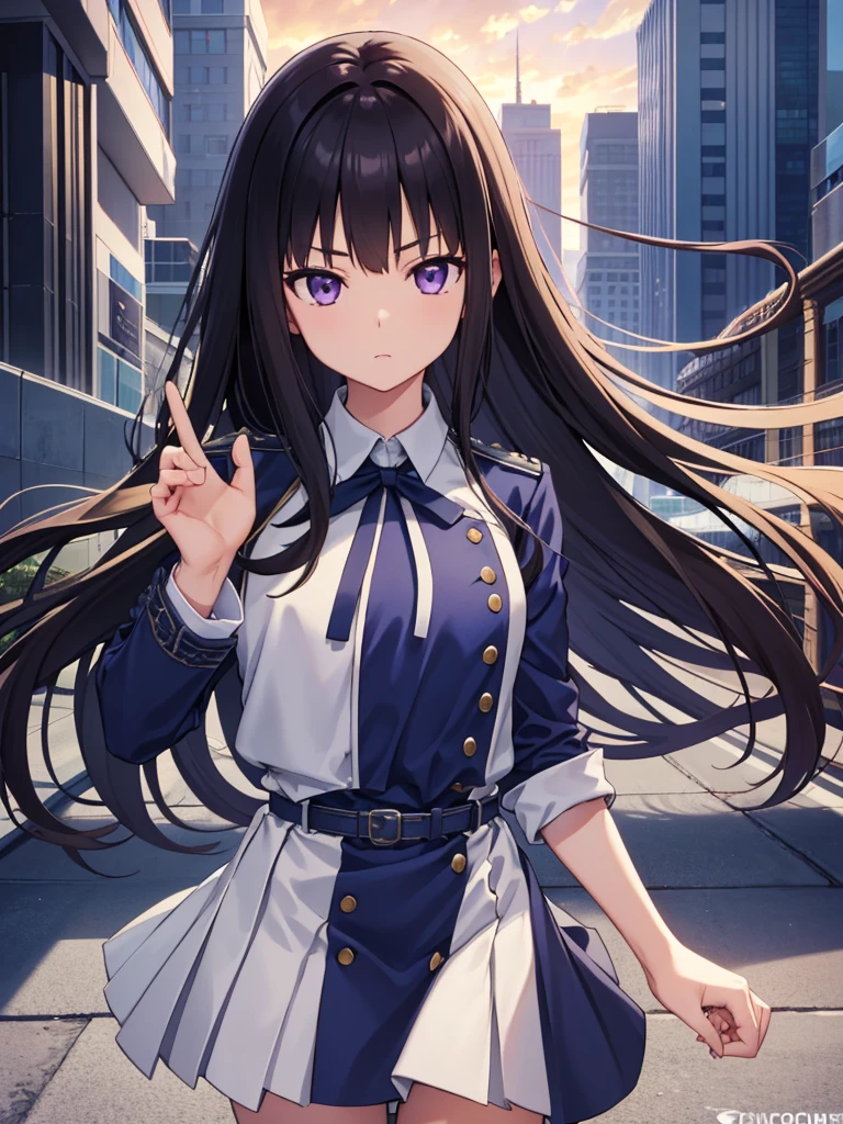 1girl 、Standing in front of the viewer、Takiuchi, Check it out, Long Hair, bangs, Black Hair, (Purple eyes:1.2), Break Shirt, Long sleeve, dress, ribbon, , White shirt, Collared shirt, belt, Neck ribbon, Blue dress, 緑のribbon, Pleated dress, grey dress, Two-tone dresses, Blue belt, Uniform sake, Outdoor rest, city, break (masterpiece:1.2), highest quality, High resolution, unity 8k wallpaper, (figure:0.8), (Beautiful fine details:1.6), Highly detailed face, Perfect lighting, Highly detailed CG, (Perfect hands, Perfect Anatomy),