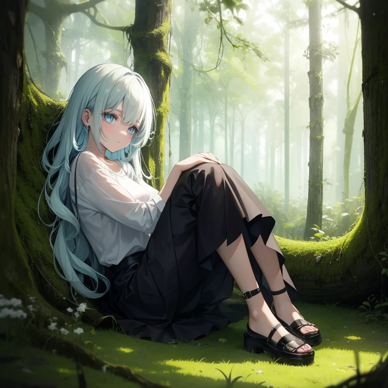 1 younger girl curled up against a fallen tree with moss on it. She has soft and faded hair with little color. She has tears in her eyes. She is wearing a big loose shirt and a long skirt. She is wearing Mary-jane shoes. She is in the fetal position leaning against the tree. She is heavily irradiated and is mutated with an extra eye and leg.