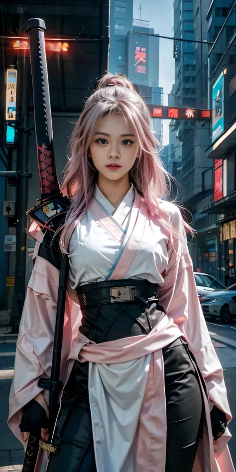 arafed woman in a pink kimono with a sword in a city, very beautiful cyberpunk samurai, anime girl cosplay, anime cosplay, anime...