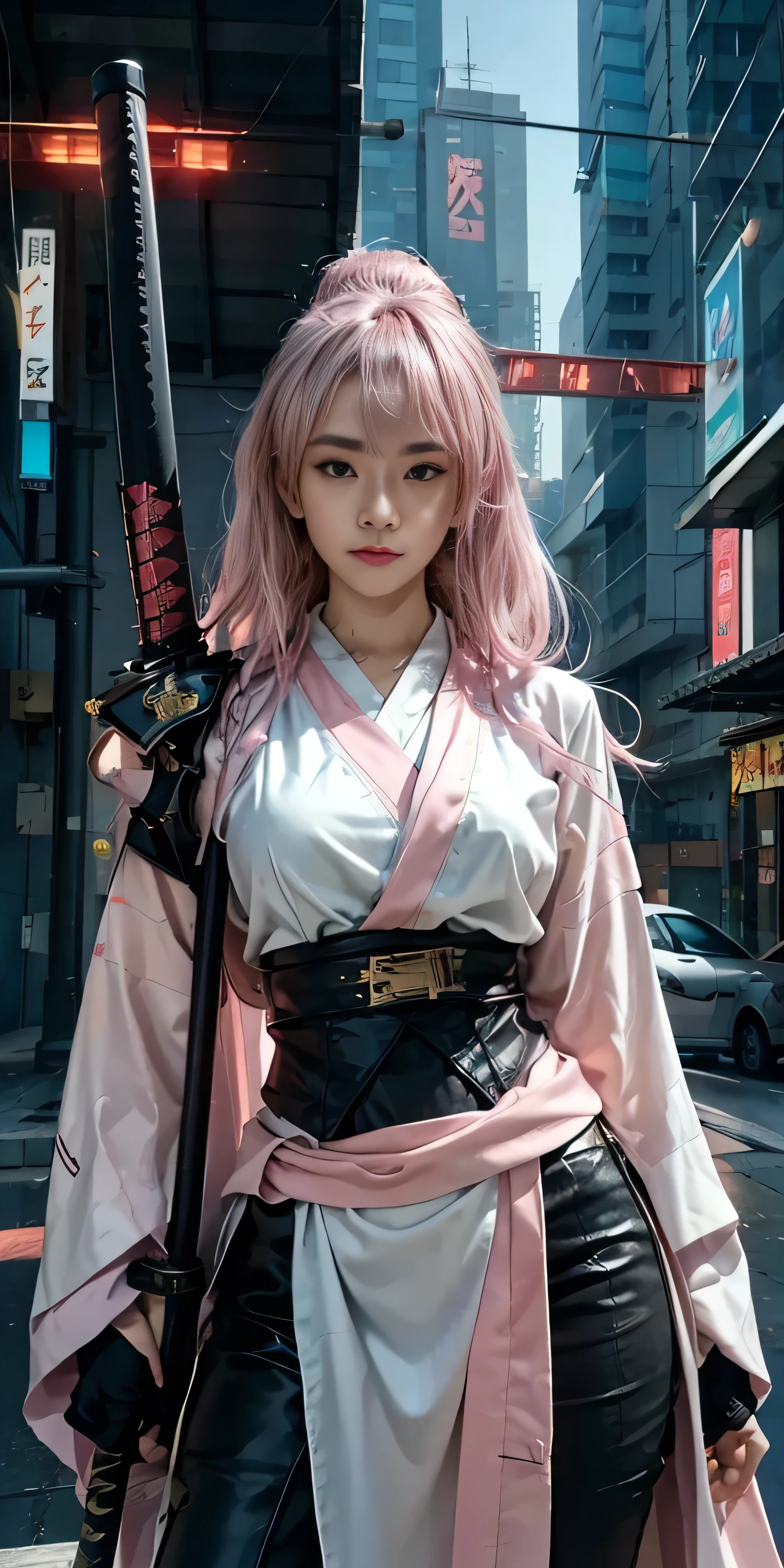 arafed woman in a pink kimono with a sword in a city, very beautiful cyberpunk samurai, anime girl cosplay, anime cosplay, anime style mixed with fujifilm, haruno sakura, anime inspired, anime girl in real life, anime style. 8k, cosplay, anime style 4 k, female cyberpunk anime girl, cyberpunk anime girl, wearing japanese techwear