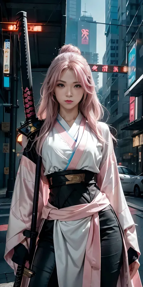 arafed woman in a pink kimono with a sword in a city, very beautiful cyberpunk samurai, anime girl cosplay, anime cosplay, anime...