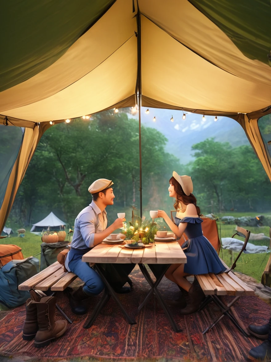 photography，Fresh air，Dense leaves above the screen，画面下方tent，dining table，light，Camping scene，Light Effect，Detailed depiction，Grand scene，(Couples:1.6)，Embrace，(tent:1.5)，Berets，boots，Off-shoulder dress，Tea Steam，(tent焦点:1.5), Unreal Engine