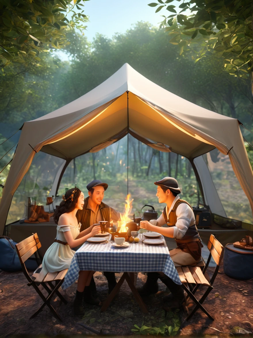 photography，Fresh air，Dense leaves above the screen，画面下方tent，dining table，light，Camping scene，Light Effect，Detailed depiction，Grand scene，(Couples:1.6)，Embrace，(tent:1.5)，Berets，boots，Off-shoulder dress，Tea Steam，(tent焦点:1.5), Unreal Engine