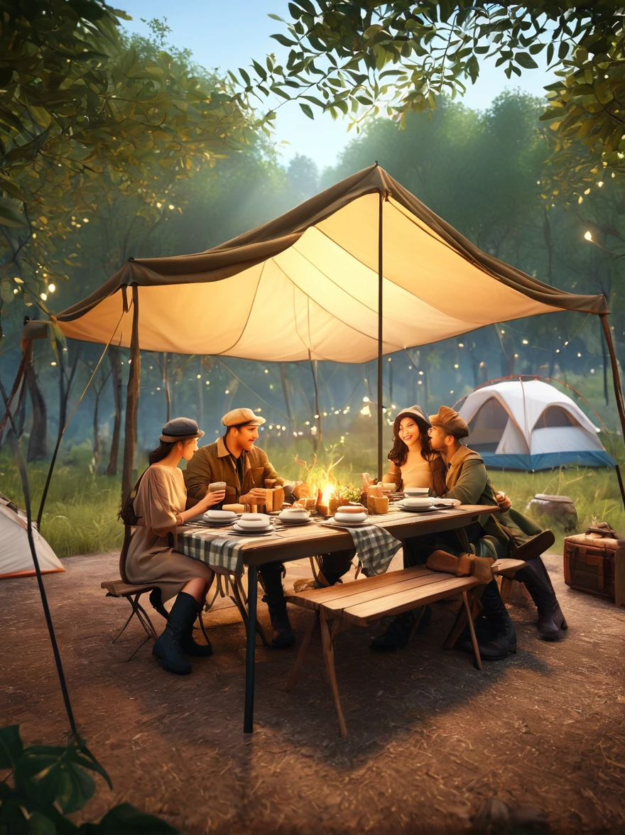 photography，Fresh air，Dense leaves above the screen，Tent at the bottom of the screen，dining table，light，Camping scene，Light Effect，Detailed depiction，Grand scene，(Couples:1.6)，Embrace，(tent:1.5)，Berets，boots，Off-shoulder dress，Tea Steam，(Tent Focus:1.5), Unreal Engine