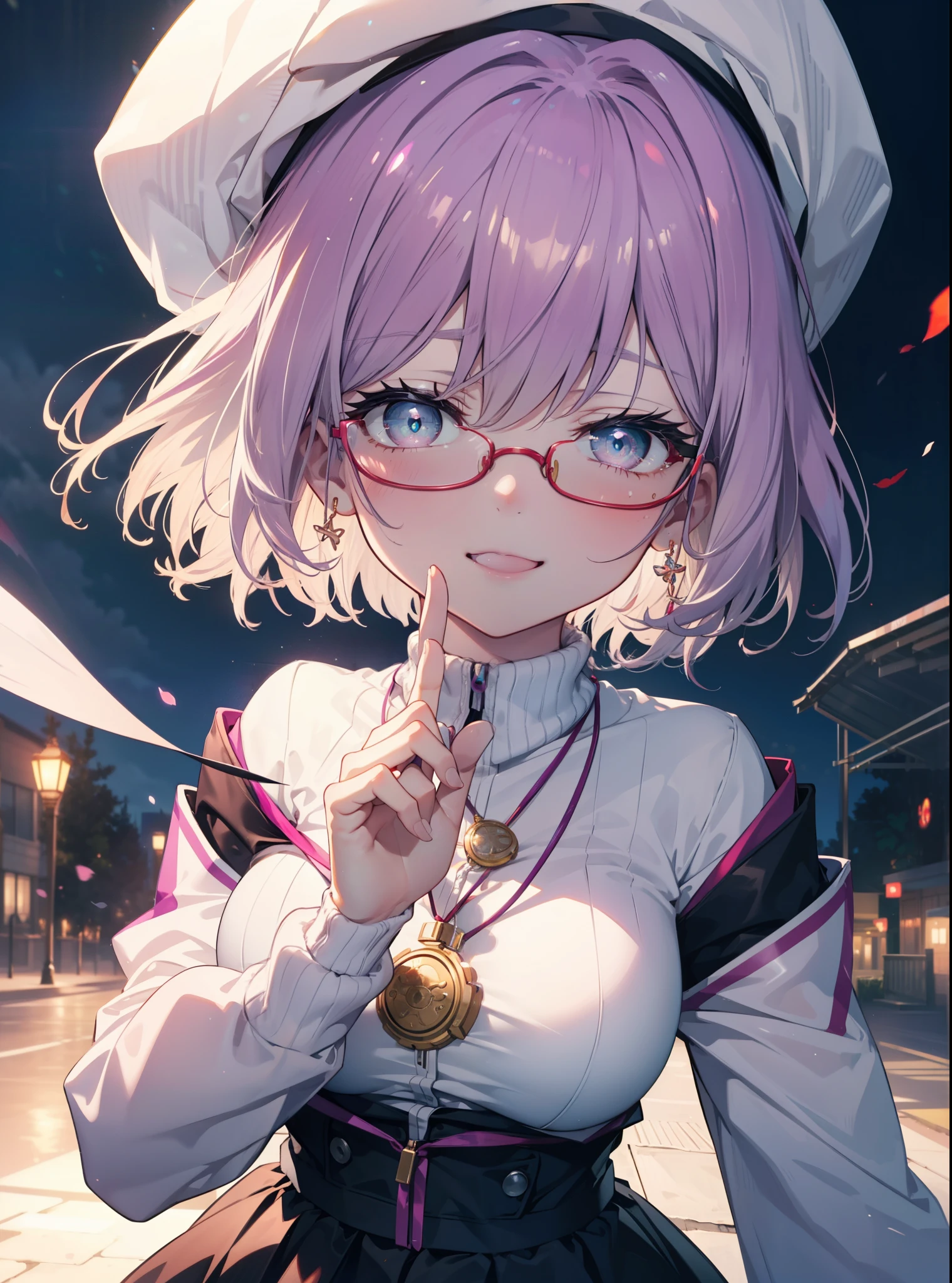 akaneshinjou, Shinjou Akane, cheveux violet clair, (Yeux roses:1.2), Cheveux courts,Lunettes Akagi,bandeau pour cheveux,Rocket Pendant,souffle blanc,Gros seins,Manteau violet,Pull blanc,happy sourire, sourire, Ouvrez la bouche,jupe longue noire,Silencieux rouge,Bonnet tricoté,mettre un&#39;les mains en une&#39;poches de manteau,jour,nuageux,neige,neigeが降り積もっている,tout le corpsがイラストに入るように,regardant d&#39;en bas,
 casser looking at viewer,tout le corps,               　　　　　　　 casser outdoors 森, nature, 　　　　　　　　　　　casser (chef-d&#39;œuvre:1.2), la plus haute qualité, haute résolution, unité 8k fond d&#39;écran, (forme:0.8), (De beaux et beaux yeux:1.6), Visage très détaillé, éclairage parfait, CG très détaillé, (des mains parfaites, Anatomie parfaite),