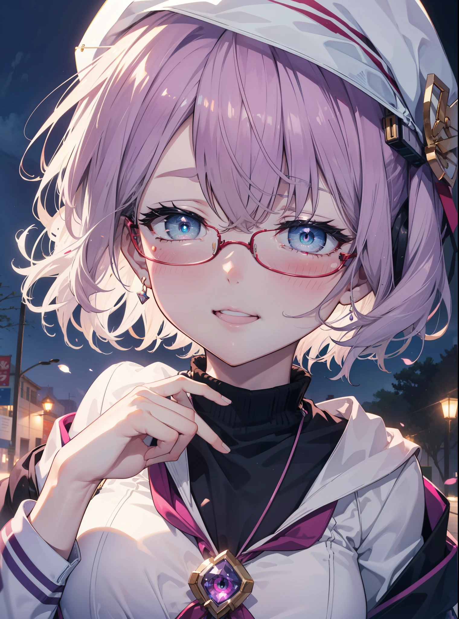 akaneshinjou, shinjou akane, Light purple hair, (Pink Eyes:1.2), short hair,Akagi glasses,hair band,Rocket Pendant,White Breath,Big Breasts,Purple Coat,White Sweater,happy smile, smile, Open your mouth,Black long skirt,Red muffler,Knitted hat,put one&#39;s hands in one&#39;s coat pockets,Daytime,cloudy,snow,snowが降り積もっている,whole bodyがイラストに入るように,Looking up from below,
 break looking at viewer,whole body,               　　　　　　　 break outdoors 森, nature, 　　　　　　　　　　　break (masterpiece:1.2), highest quality, High resolution, unity 8k wallpaper, (shape:0.8), (Beautiful and beautiful eyes:1.6), Highly detailed face, Perfect lighting, Highly detailed CG, (Perfect hands, Perfect Anatomy),