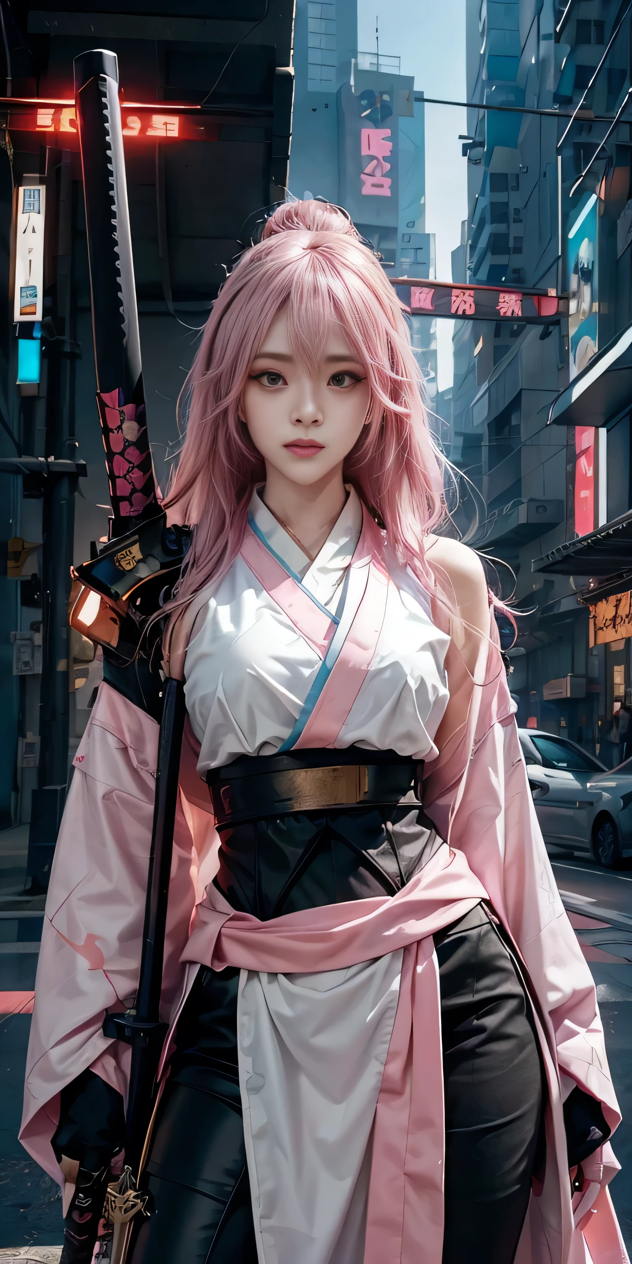 Arafed Frau in einem rosa Kimono mit einem Schwert in einer Stadt, sehr schöne Cyberpunk-Samurai, anime girl Cosplay-Kostüm, anime Cosplay-Kostüm, Anime-Stil mixed with fujifilm, haruno sakura, Anime inspiriert, Anime-Mädchen im wirklichen Leben, Anime-Stil. 8k, Cosplay-Kostüm, Anime-Stil 4 k, female cyberpunk anime girl, cyberpunk anime girl, japanische Techwear tragen