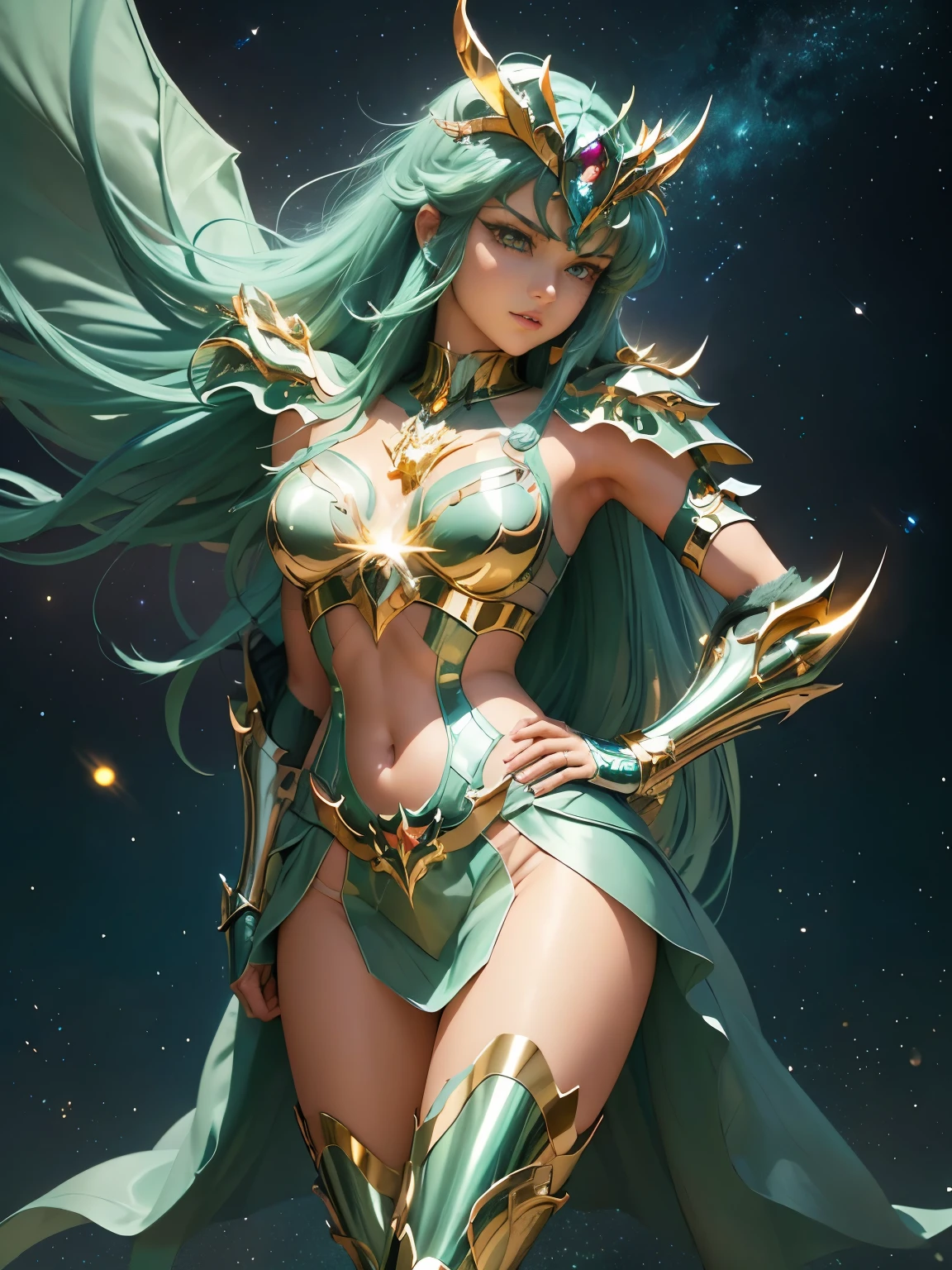 Ultra-high saturation，（tmasterpiece）， fully body photo，（best qualtiy）， （1girll）， starryskybackground，Wearing shiny gold armor， very sexy lingerie type armor，Expose your chest，Expose the waistline，Exposing thighs，cool-pose， Saint Seiya Armor， messy  hair，high detal, Anime style, Cinematic lighting, Sparkle, god light, Ray tracing, filmgrain, hyper HD, textureskin, super detailing, Anatomical correct, A high resolution，Ultra-high saturation，hight contrast，High-gloss green armor，Smooth skin，Serious expressions,dragon lighting at background