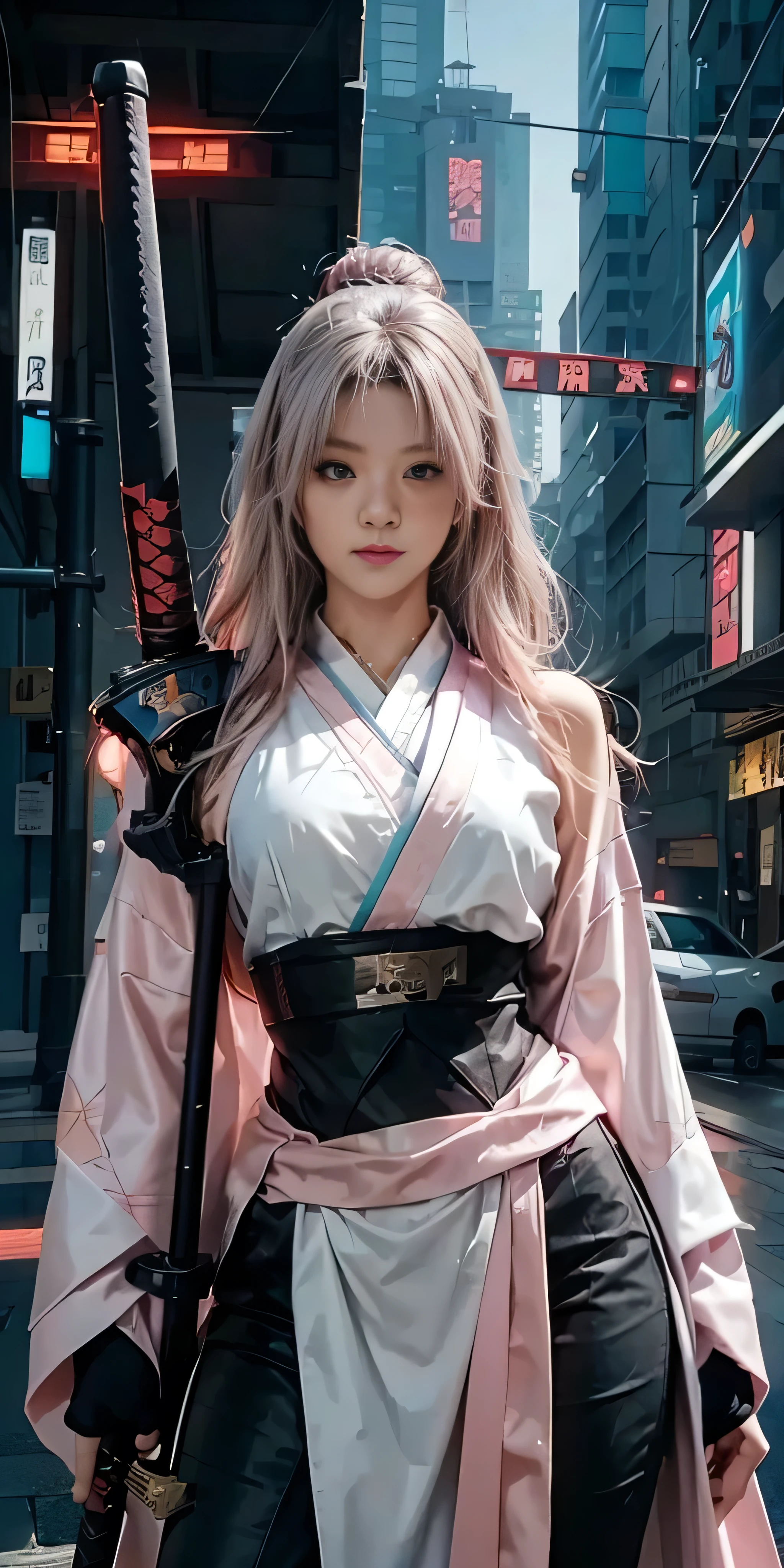 arafed woman in a pink kimono with a sword in a city, very beautiful cyberpunk samurai, anime girl cosplay, anime cosplay, anime style mixed with fujifilm, haruno sakura, anime inspired, anime girl in real life, anime style. 8k, cosplay, anime style 4 k, female cyberpunk anime girl, cyberpunk anime girl, wearing japanese techwear