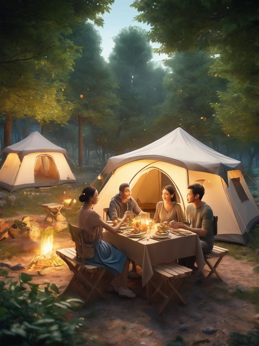 photography，Fresh air，Dense foliage，dining table，light，Camping scene，Light Effect，Detailed depiction，Grand scene，(Couples:1.6)，Embrace，(tent:1.5)，(tent焦点:1.5), Unreal Engine