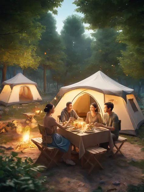 photography，Fresh air，Dense foliage，dining table，light，Camping scene，Light Effect，Detailed depiction，Grand scene，(Couples:1.6)，E...