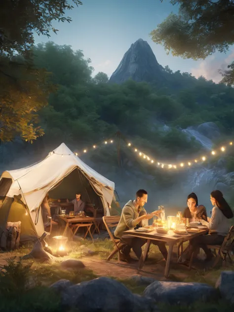 photography，Fresh air，Dense foliage，dining table，light，Camping scene，Light Effect，Detailed depiction，Grand scene，(Couples:1.6)，E...