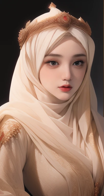 1girl,hijab,arabian queen,luxury cloth,detailed face,beautiful eyes,beautiful lips,long eyelashes,ornate jewelry,intricate headpiece,flowing robe,opulent background,dramatic lighting,chiaroscuro,oil painting,muted colors,highly detailed,photorealistic,masterpiece,8k