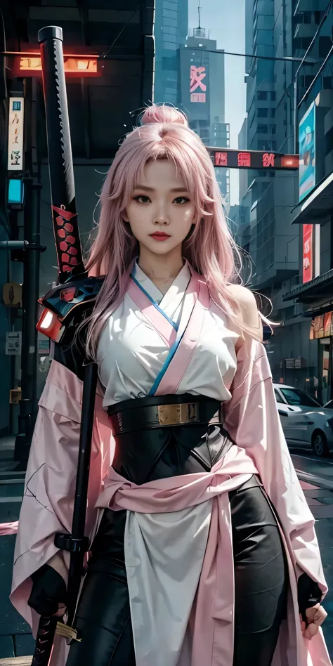 arafed woman in a pink kimono with a sword in a city, very beautiful cyberpunk samurai, anime girl cosplay, anime cosplay, anime...