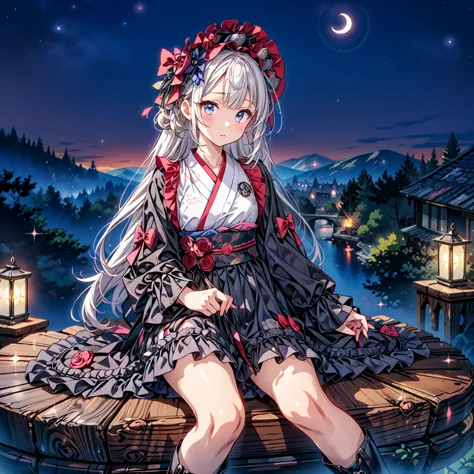Star Fairy、(masterpiece, highest quality), One girl, Sitting on the crescent moon、「Beautifully printed galaxy patterned kimono a...