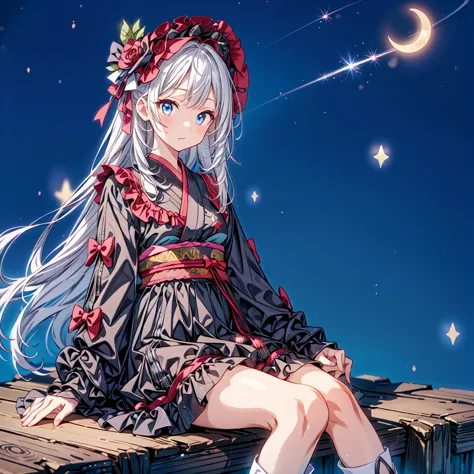 Star Fairy、(masterpiece, highest quality), One girl, Sitting on the crescent moon、「Beautifully printed galaxy patterned kimono a...